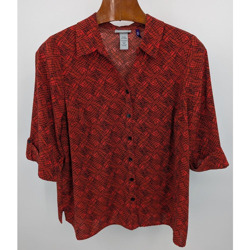 Catherines Red Black Abstract Button Front Blouse Women’s 0XWP Petite 14/16